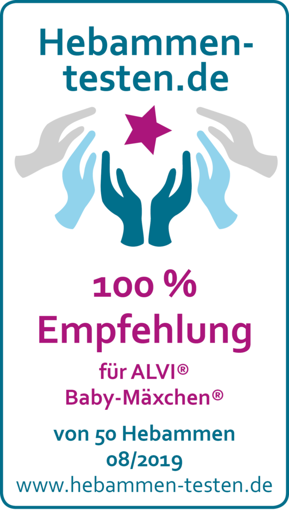 Siegel: 100 % Empfehlung von Hebammen-testen.de für ALVI® Baby-Mäxchen 2019