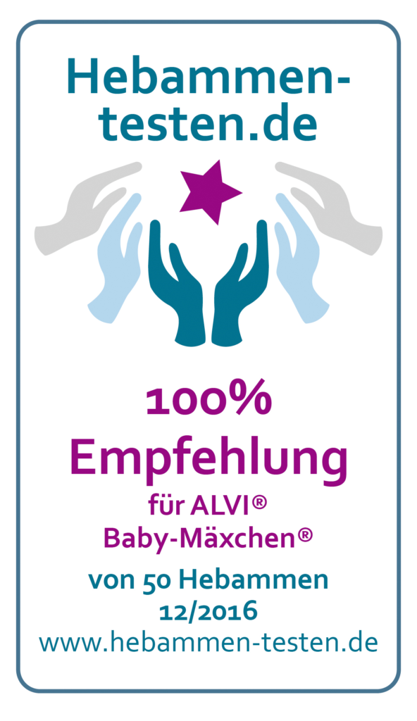 Siegel: 100 % Empfehlung von Hebammen-testen.de für ALVI® Baby-Mäxchen