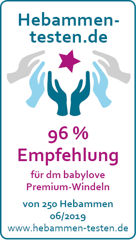 Siegel: 96 % Empfehlung von Hebammen-testen.de für dm babylove Premium-Windeln newborn & mini