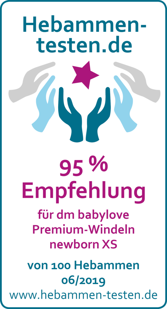 Siegel: 95 % Empfehlung von Hebammen-testen.de für dm babylove Premium-Windeln newborn xs