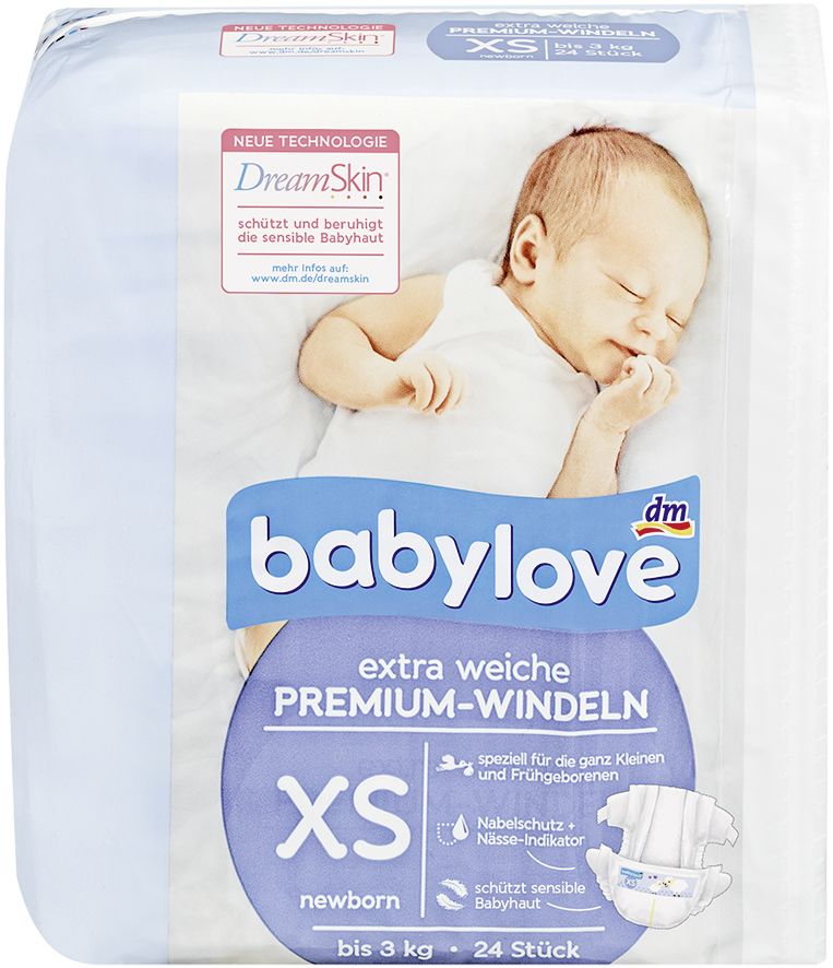 Verpackungsansicht der dm babylove Premium Windeln newborn xs