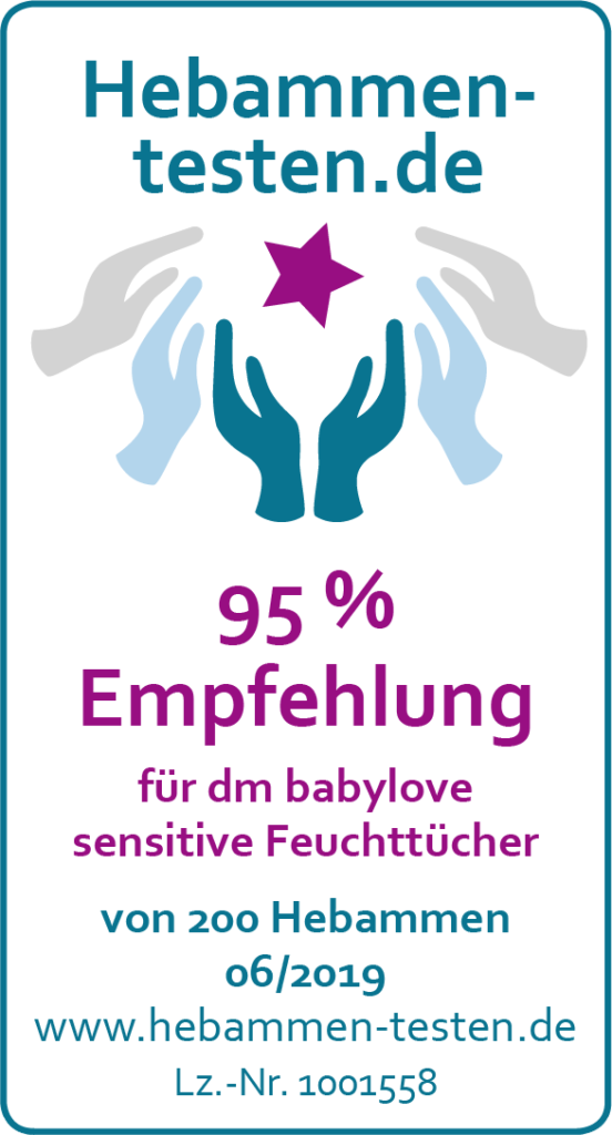 Siegel: 95 % Empfehlung von Hebammen-testen.de für dm babylove sensitive Feuchttücher