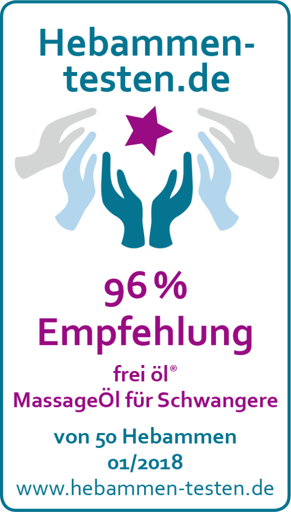 Siegel: 96 % Empfehlung von Hebammen-testen.de für frei öl® MassageÖl für Schwangere