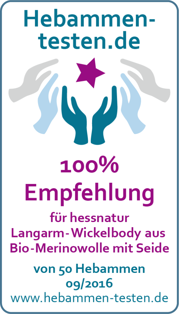 Siegel: 100 % Empfehlung von Hebammen-testen.de für hessnatur Langarm-Wickelbody