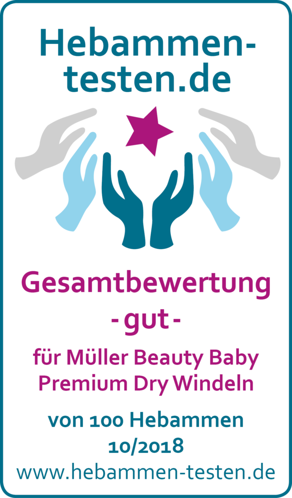 Siegel: Gesamtbewertung -gut- von Hebammen-testen.de für MÜLLER Beauty Baby Premium Dry Windeln