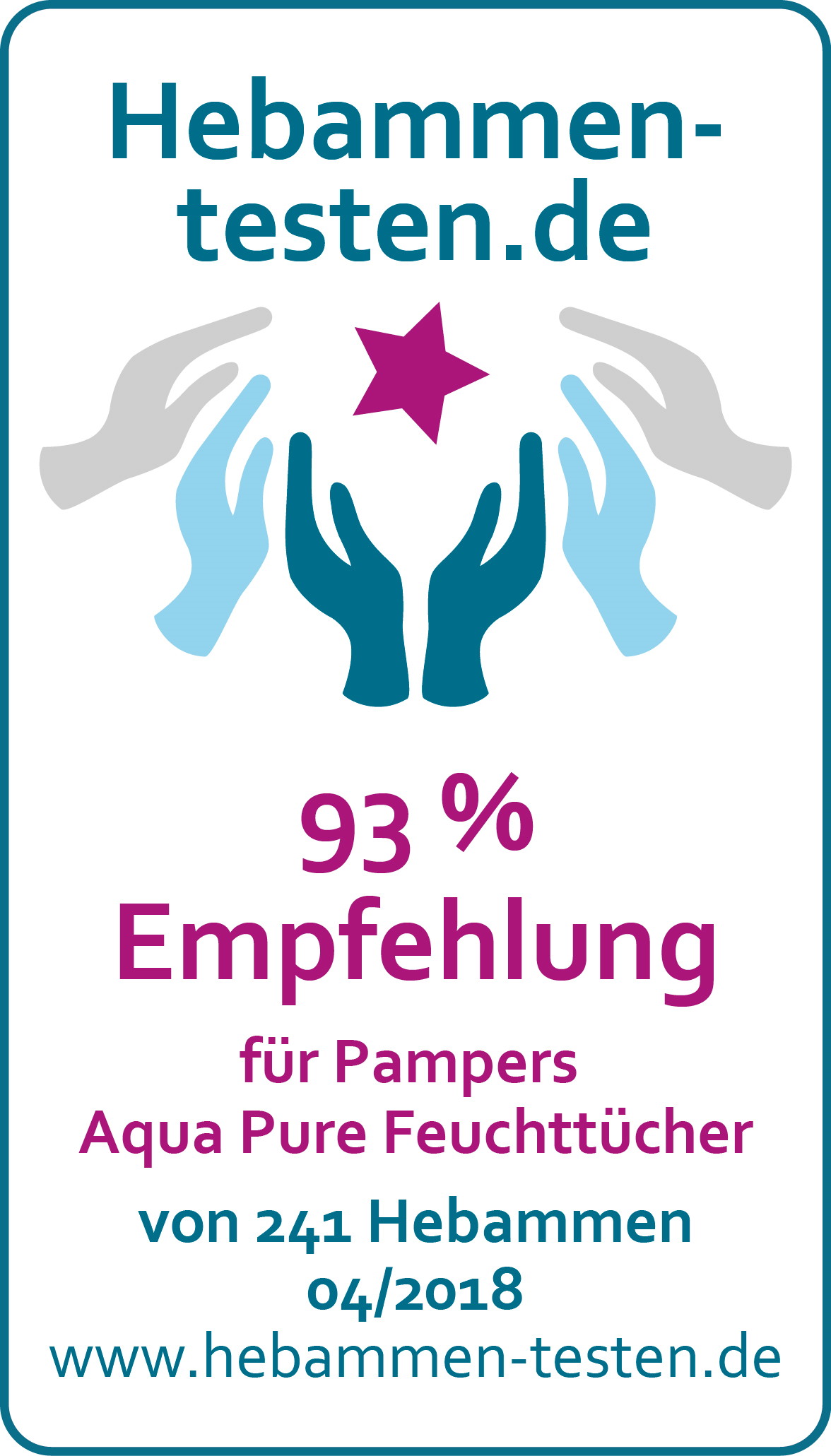 Siegel: 93 % Empfehlung von Hebammen-testen.de für Pampers® Aqua Pure Feuchttücher