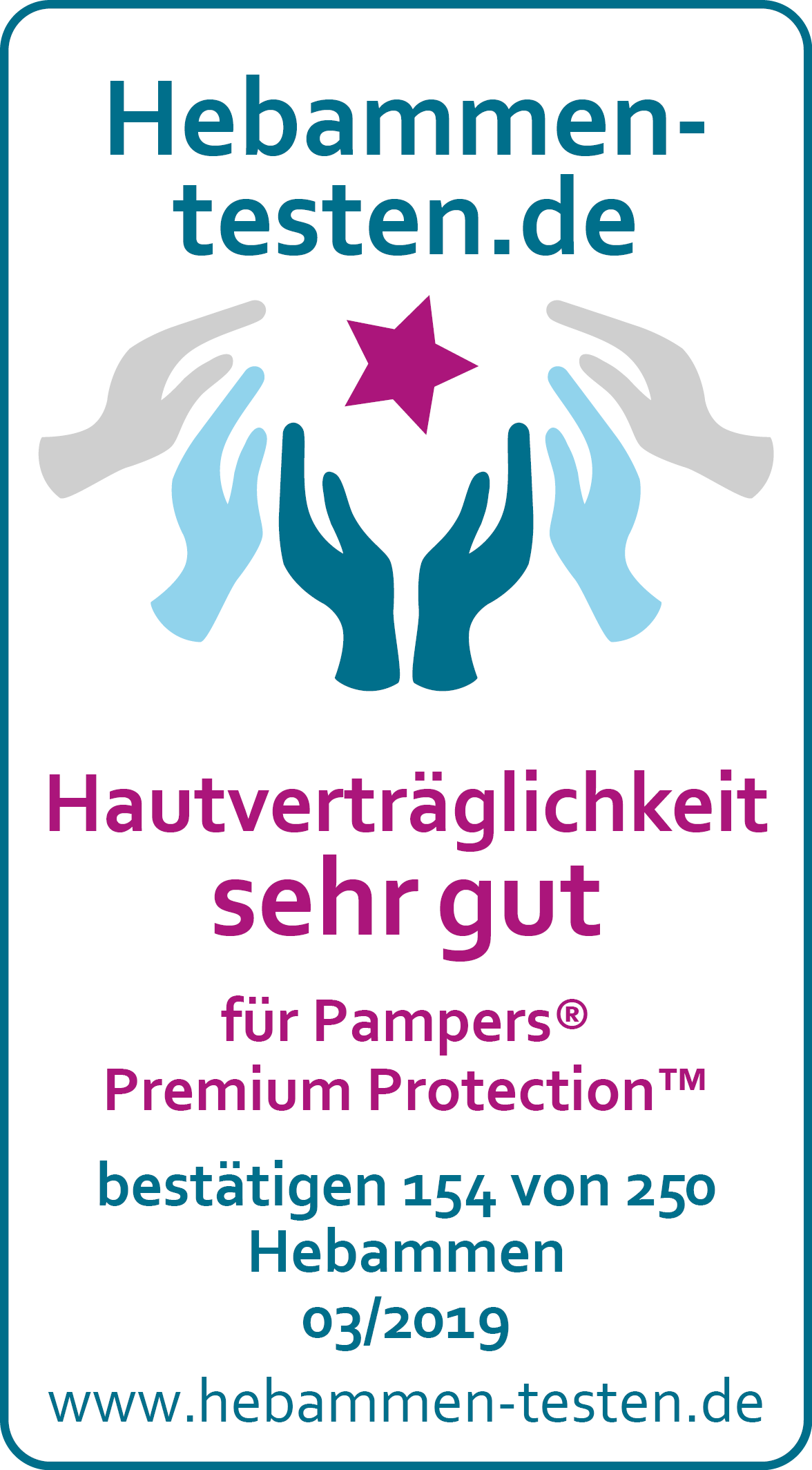 Siegel: Hautverträglichkeit -sehr gut- von Hebammen-testen.de für Pampers® Premium Protection™ Windeln - 2019