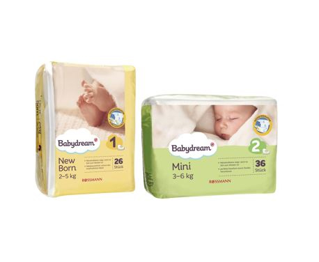 Packungsansicht der ROSSMANN Babydream Windeln in den Größen New Born und Mini